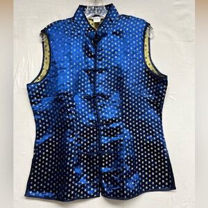 VTG Kunta Blue Silk Blend Asian Inspired Tang Vest - Quilted Frog Knots- Size XL